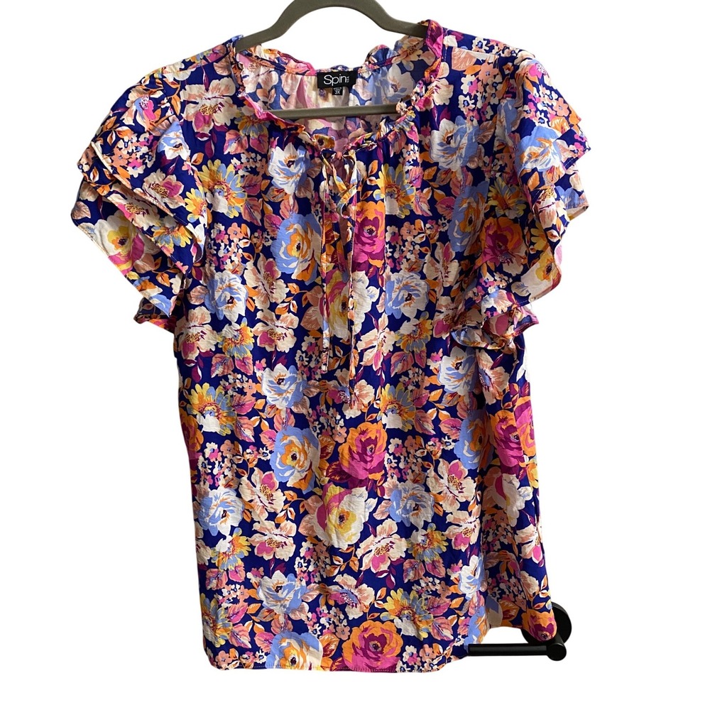 Spin USA Women 3X Floral Tiered Ruffle Sleeve Tie Neck Blouse Boho CottageCore